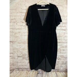 R. Vivimos Velvet Dress 2XL Black Midi Deep V Neck Babydoll Grunge Stretch Plus
